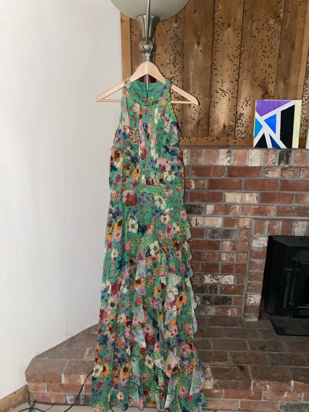 Betsy & Adam Halter Neck Sleeveless Ruffle Front Floral Chiffon Maxi Dress